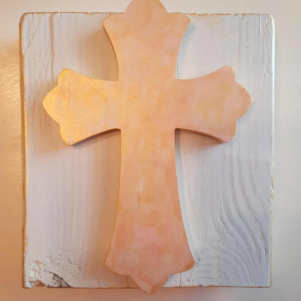 Elevated Marbled Cross On Wood Plank - Colors: Gold &  Pink - Home Accent
